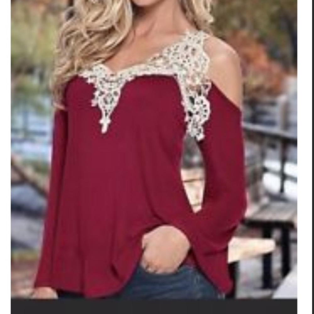 VENUS maroon top with crochet cold shoulder